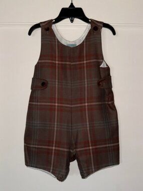 Papo D'Anjo Green Brown Plaid Shortall One-Piece Romper Sz 3